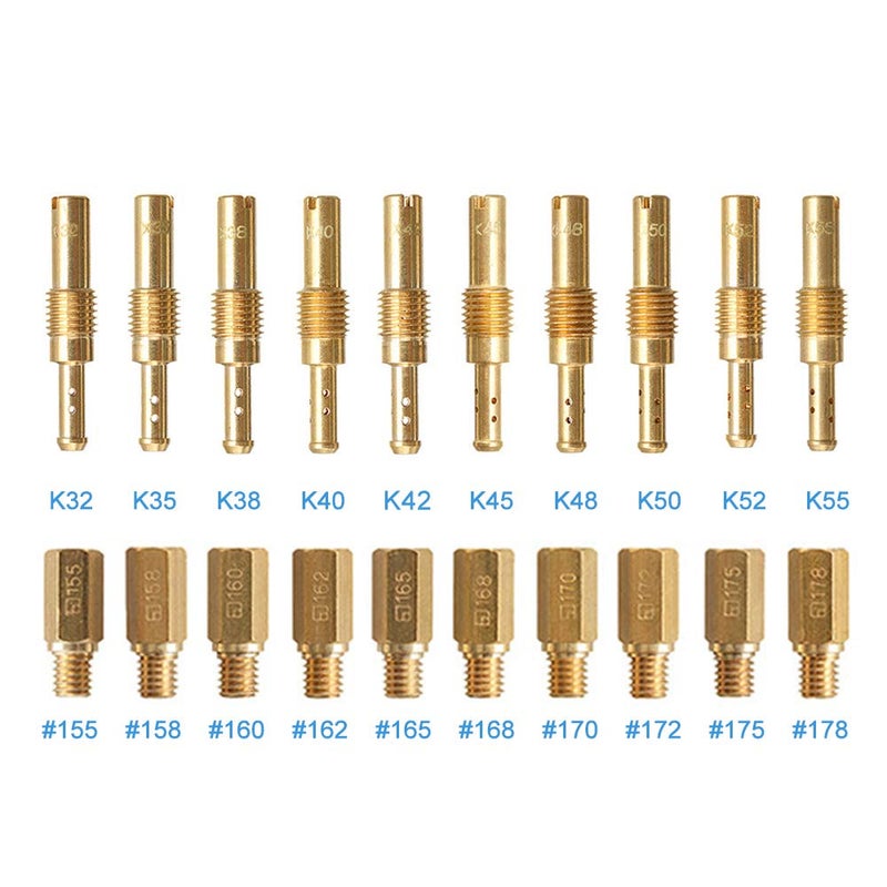 Apeixoto 20 Pcs Carburetor Jets Kit with 10 Pcs Main Jets # 155 158 160 162 165 168 170 172 175 178 and 10 Pcs Slow Jets # 32 35 38 40 42 45 48 50 52 55 for Keihi OKO KOSO PE PWK Carb - Image 1